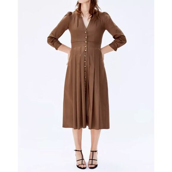 Zara Dresses & Skirts - Zara Woman Women's Pleated Midi V Neck Button Front Dress Toffee Flattering XL